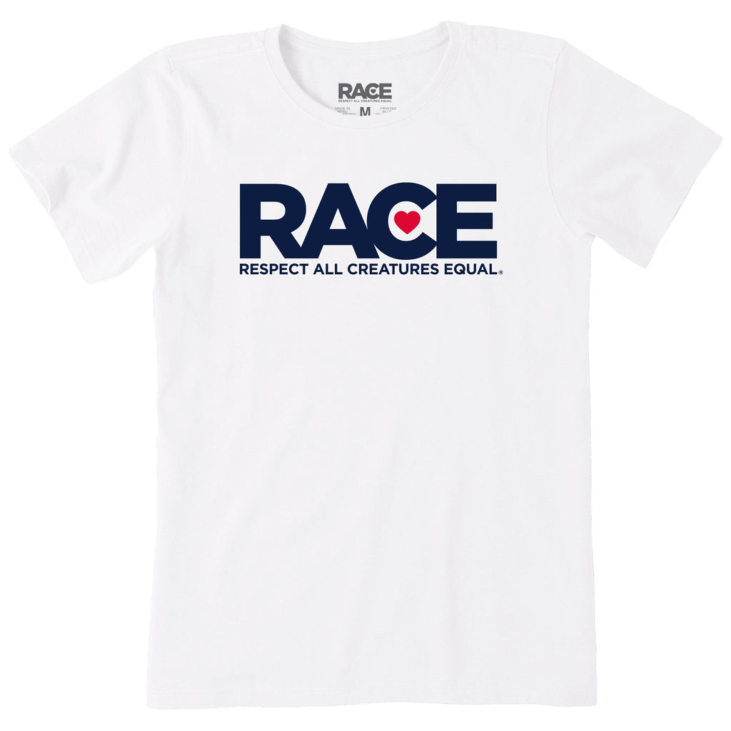 Women's Heavyweight White  RACE Navy Logo Short Sleeve